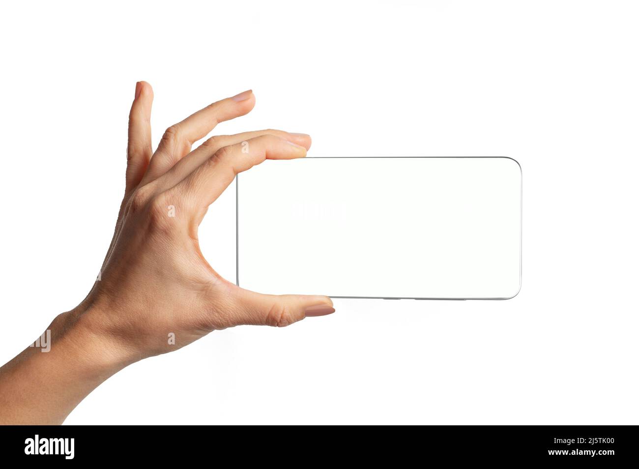 Modello di smartphone senza cornice con schermo bianco. Isolato su sfondo bianco. Nuovo concetto di design senza telaio per smartphone tecnologico. Foto Stock