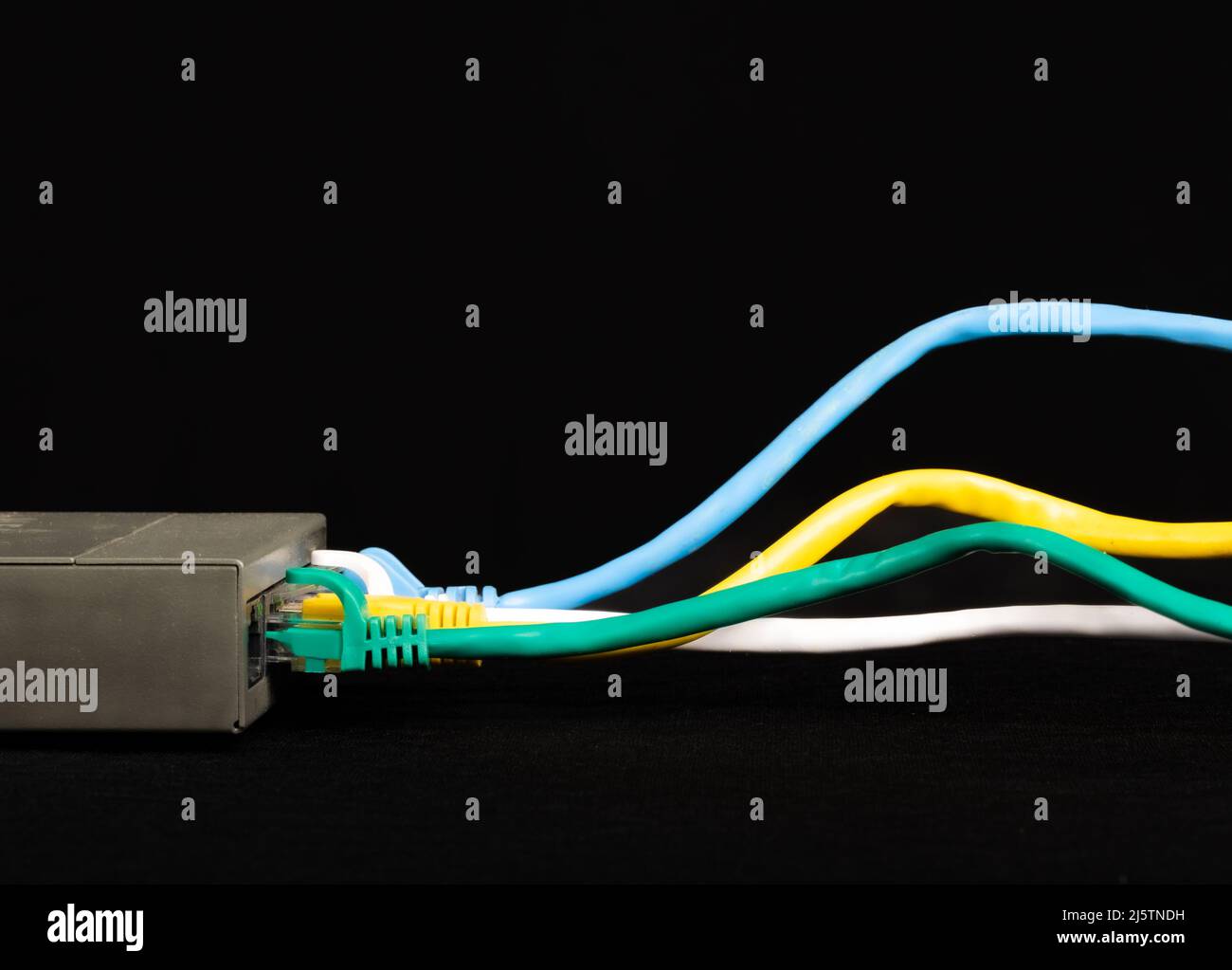 Cavi di rete Ethernet collegati al router Internet Foto Stock