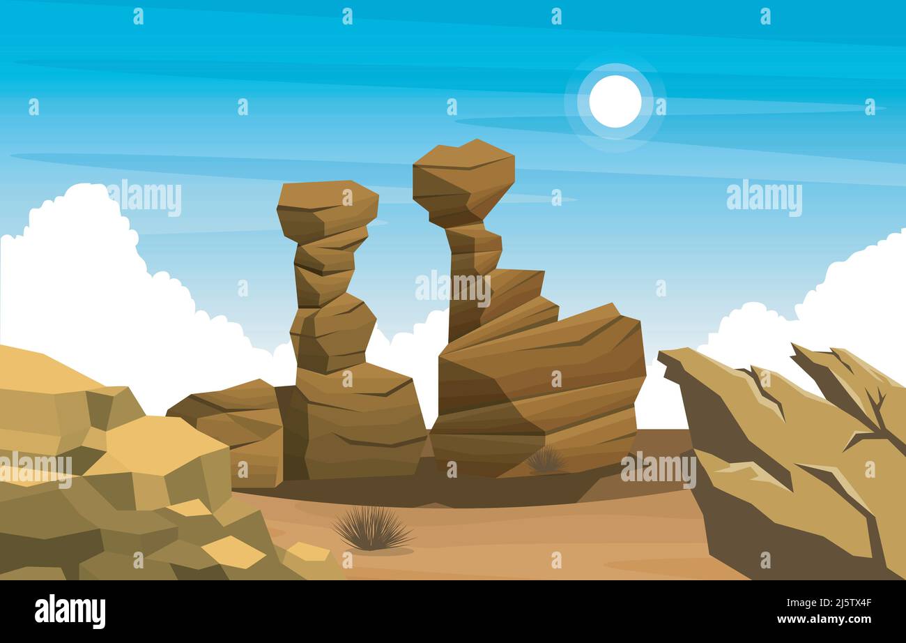 Bright Sun Western American Rock Cliff VAST Desert Landscape Illustration Illustrazione Vettoriale