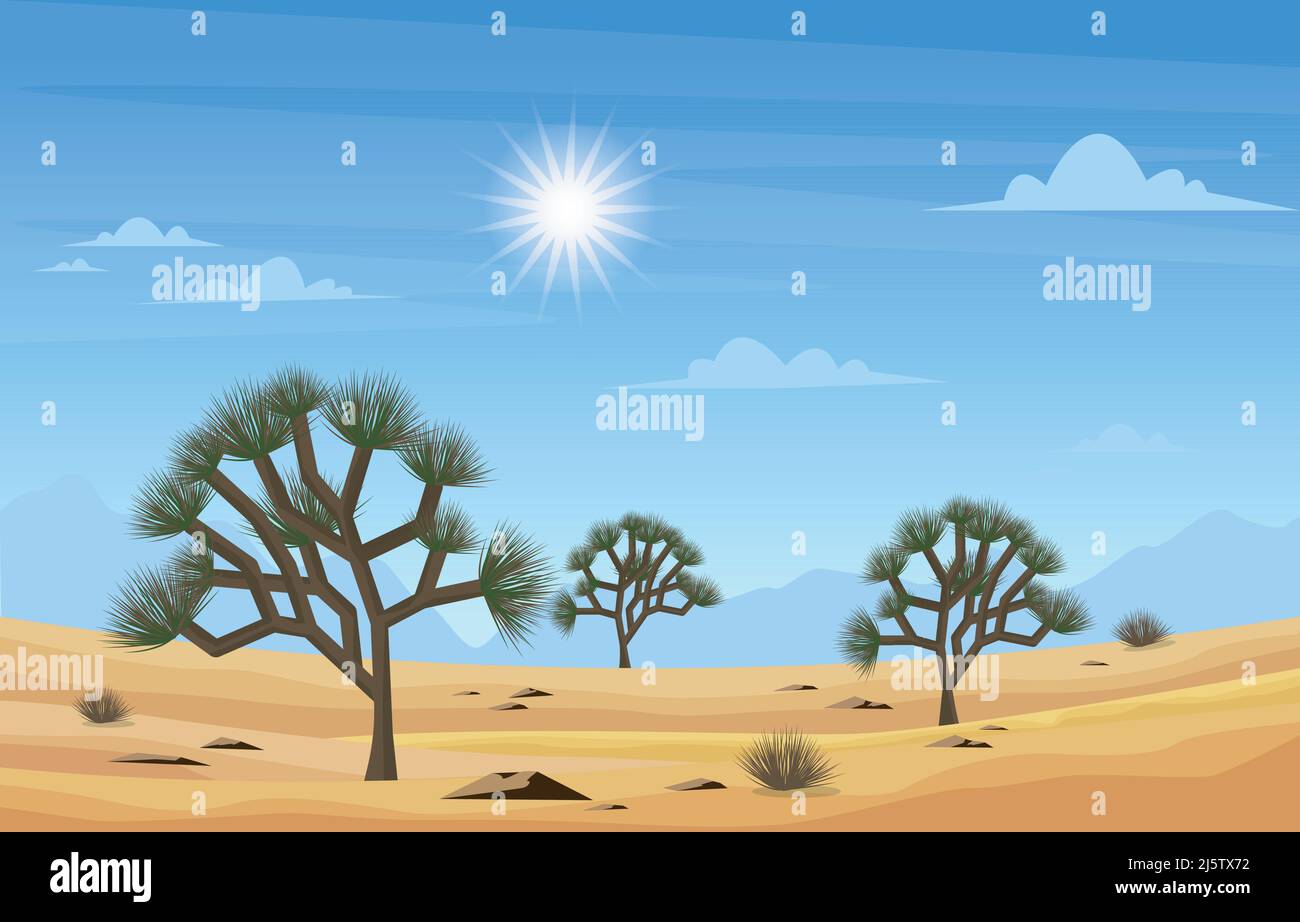Giorno in Western American Yucca pianta albero vasto deserto Paesaggio illustrazione Illustrazione Vettoriale