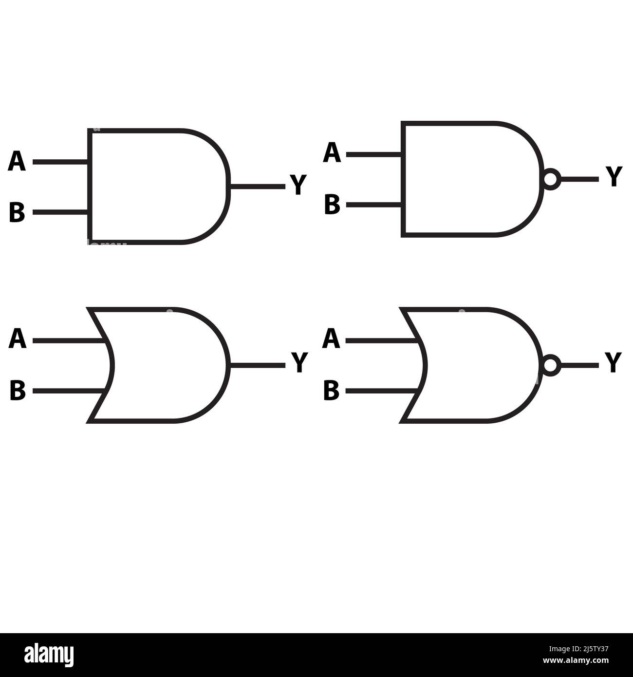 Icona porta logica AND e porta NAND. Porta logica OR e ICONA PORTA NOR. Stile piatto. Foto Stock