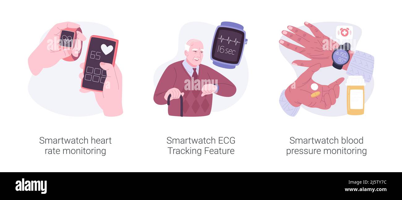 Smartwatch healthcare presenta un set isolato di illustrazioni vettoriali cartoni animati. Illustrazione Vettoriale