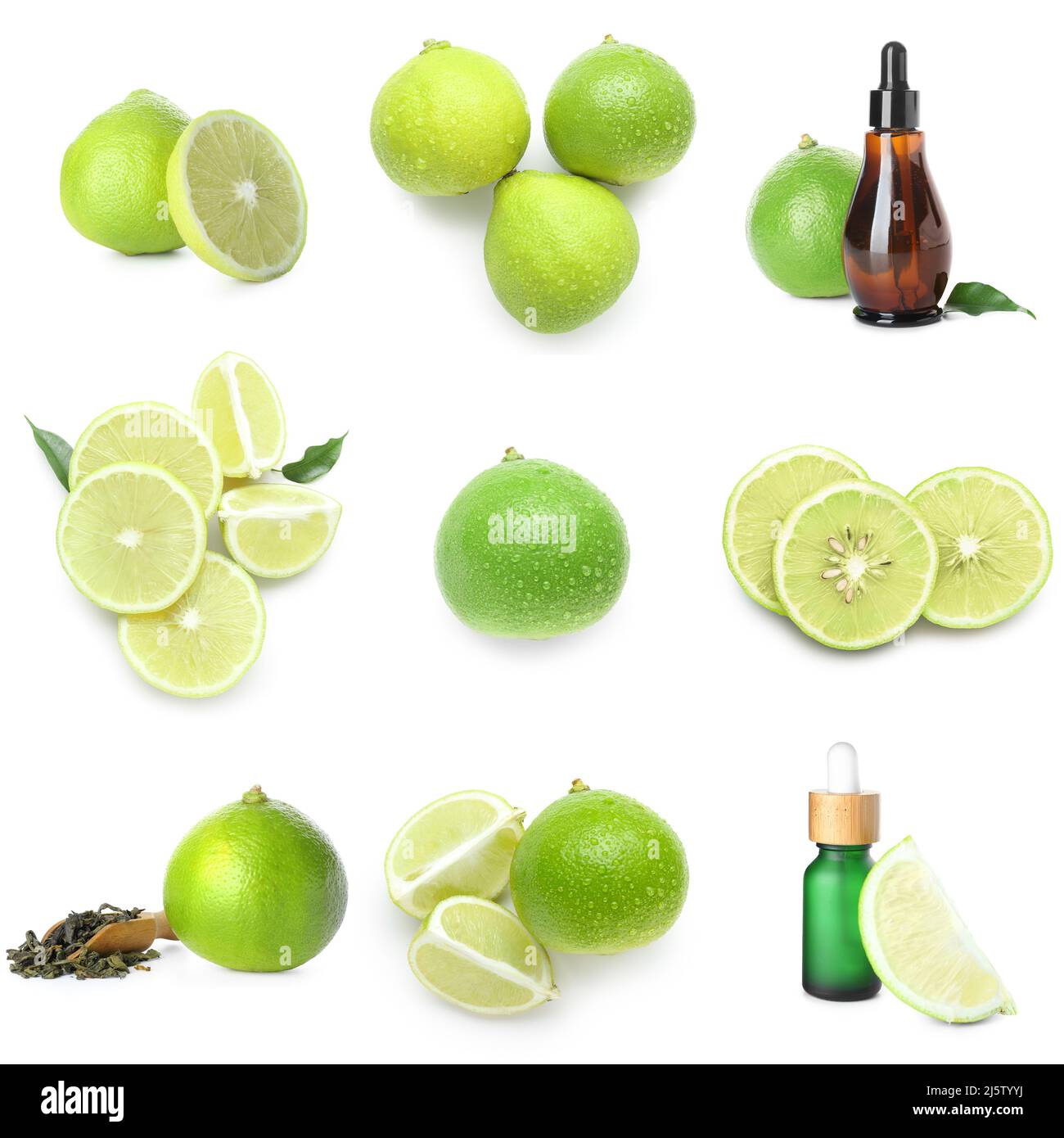 Set di frutta aromatica al bergamotto, tè e olio essenziale su sfondo bianco Foto Stock