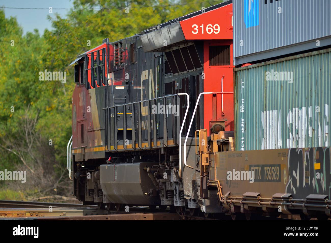 Elgin, Illinois, Stati Uniti. Una locomotiva Canadian National Railway conduce un treno merci intermodale attraverso una traversata di diamanti. Foto Stock