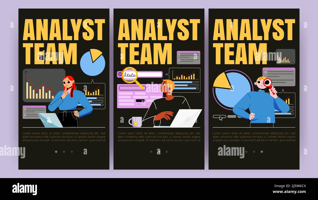 Pagine sullo schermo integrato dell'app mobile del team di analisti. Concetto di business con gli addetti all'ufficio che analizzano i grafici dei dati, i grafici statistici dei rapporti operativi di gestione delle vendite, il set di banner Web vettoriali lineari flat Illustrazione Vettoriale