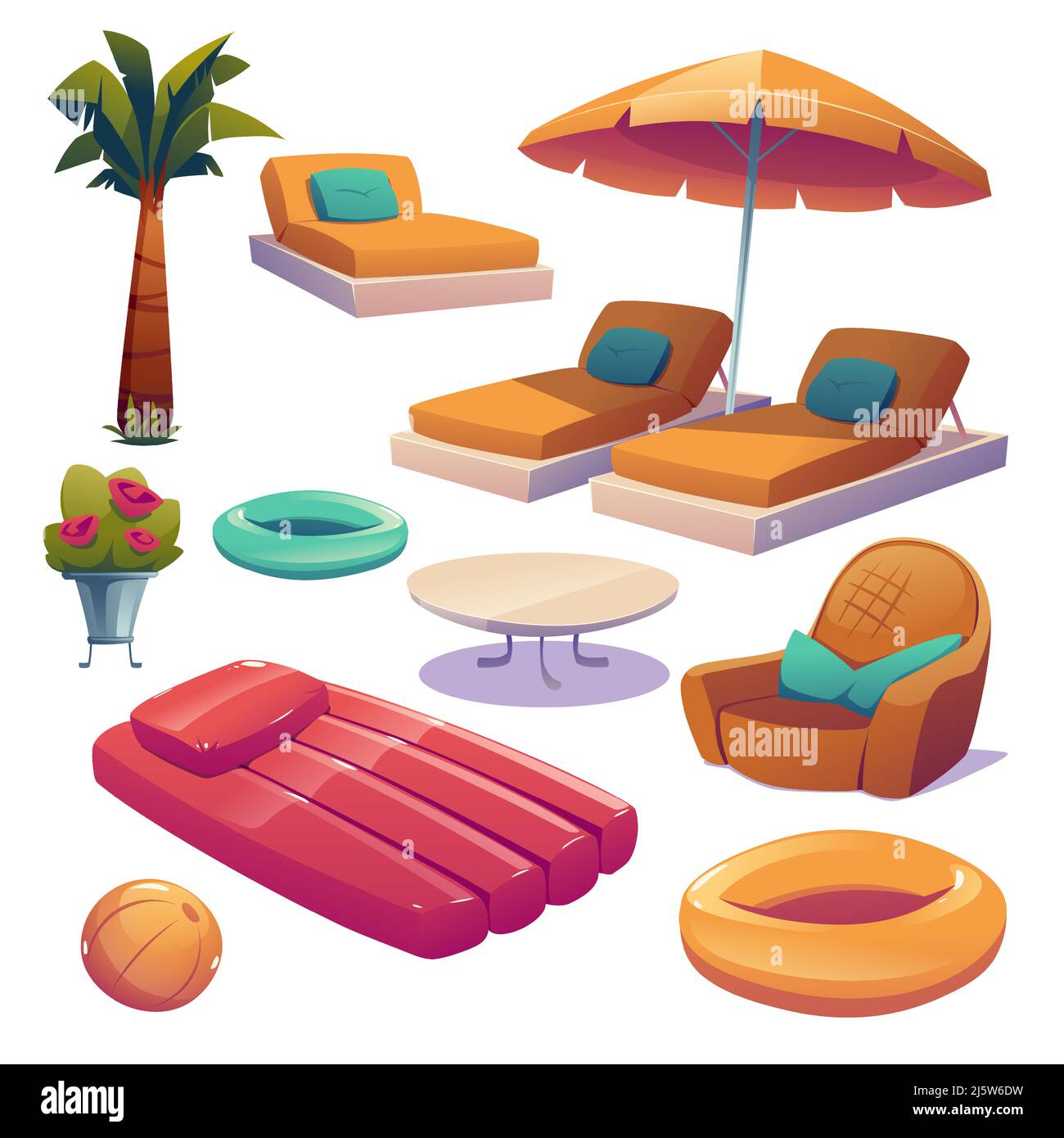 Piscina e attrezzature a bordo piscina dell'hotel icone dei cartoni animati isolate. Albero di palma, chaise longue, ombrello, anello gonfiabile o palla, tavolino da caffè, poltrona con cuscino e fiori in vaso, set Vector Illustrazione Vettoriale