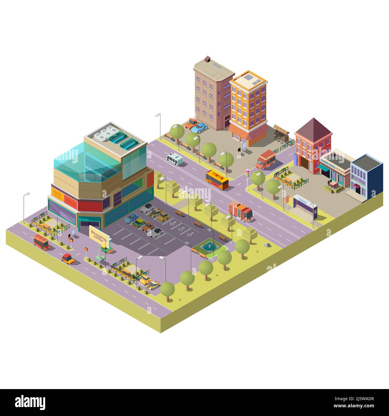 Vector 3D isometric city centre - un centro commerciale, un supermercato con parcheggio e moderni edifici abitati a più piani. Strada con traffico, auto, autobus Illustrazione Vettoriale