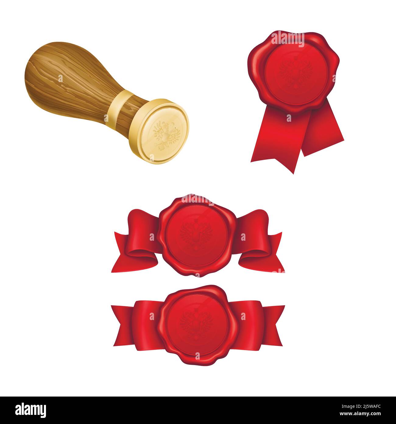 Sigilli in cera rossa con nastro e emblema a doppia testa in rilievo di aquila, francobollo dorato con manico in legno 3D realistic vettore set isolato su backgroun bianco Illustrazione Vettoriale