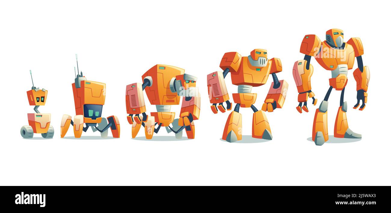 Robot evoluzione tecnologica da primitivo ruota droid su quattro piedi android a umanoide cyborg cartoon vettore illustrazione isolato su bianco Illustrazione Vettoriale