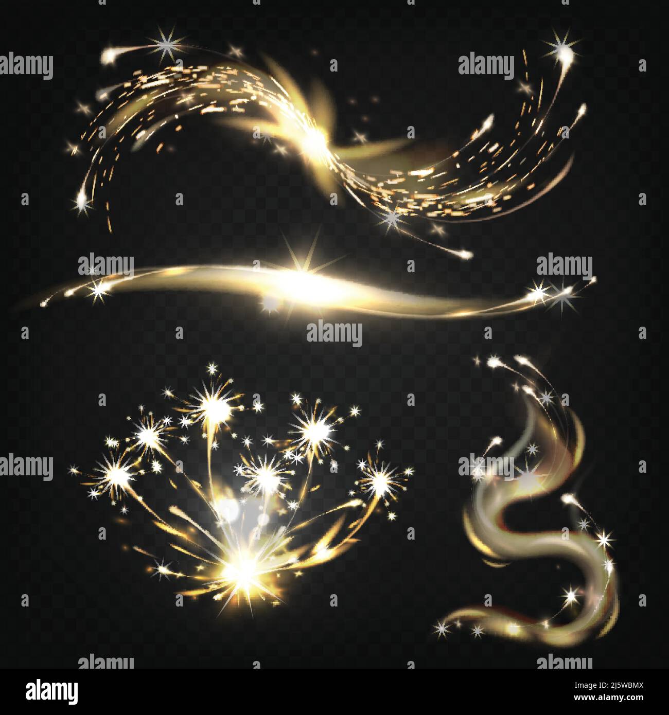 Scintille brucianti, scintille di saldatura metallica, fuochi d'artificio ed effetti di luce pirotecnica 3D realistiche illustrazioni vettoriali isolate su backgrou trasparente Illustrazione Vettoriale