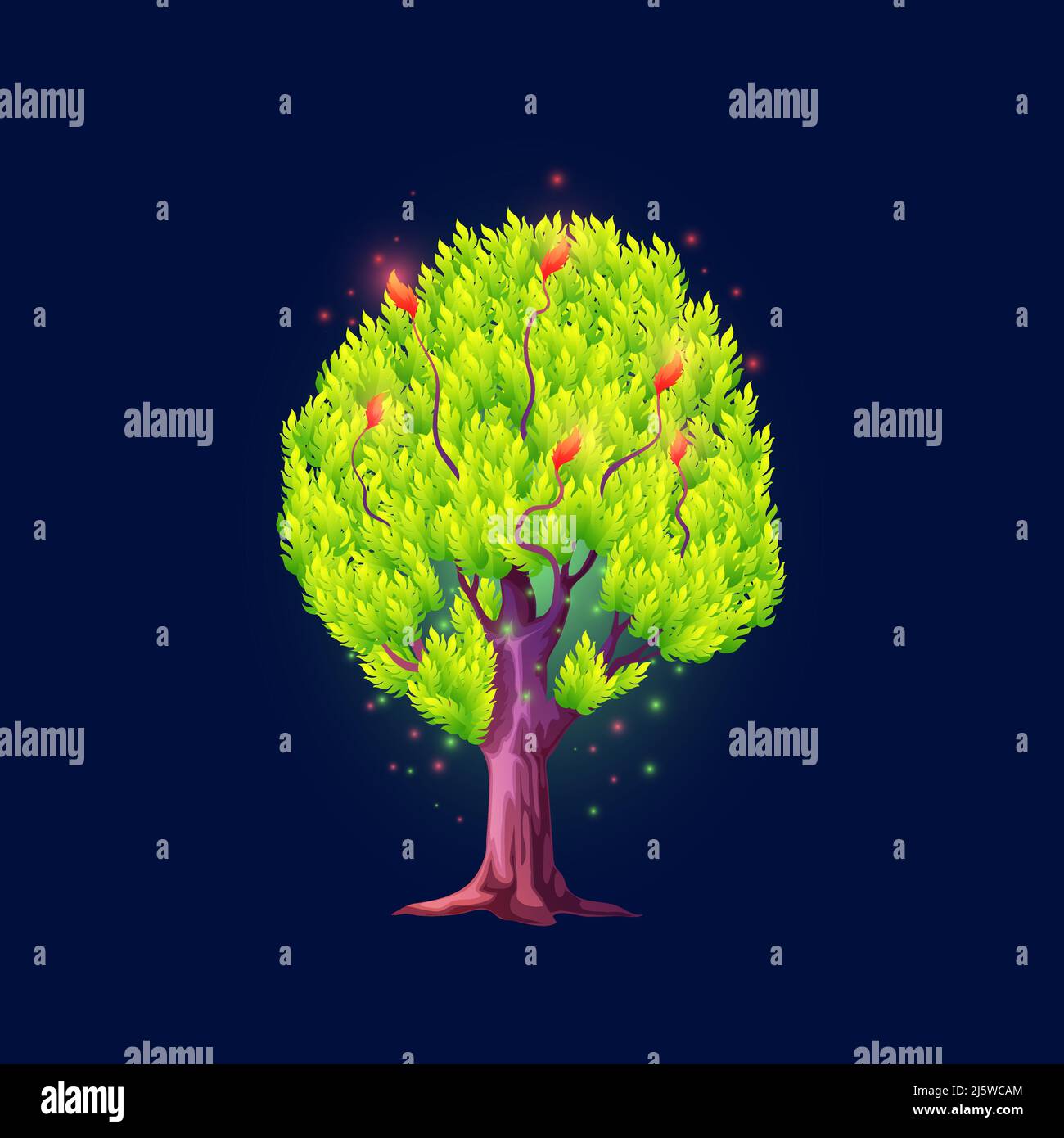 Cartoon fantasy albero con scintille, luminosa pianta aliena. Isolato vettore magico legno insolito con corona verde bagliore e rosso affioramento. Albero strano per il gioco di favola o illustrazione del libro Illustrazione Vettoriale