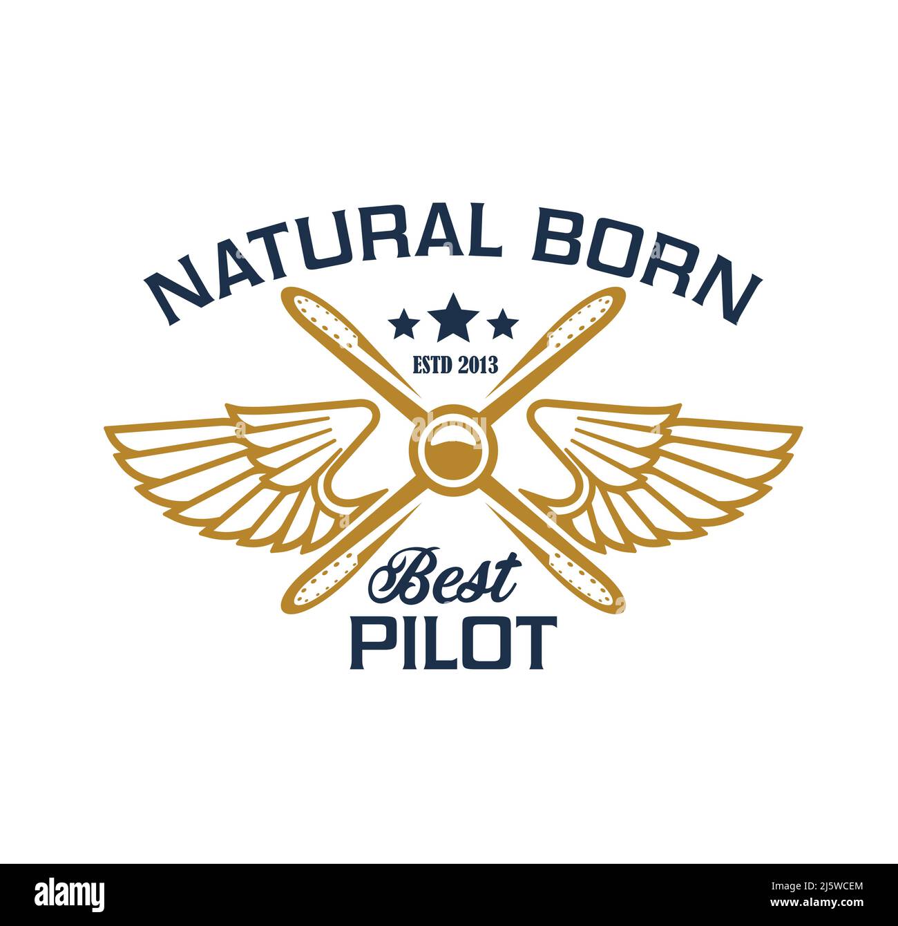 Icona dell'equipaggio dei piloti dell'aeroplano, elica dell'aeroplano e ali, emblema dell'aviazione vettoriale. Badge del team dell'accademia pilota o aviatore con velivolo retrò e slogan del pilota migliore nato naturale con stelle premium Illustrazione Vettoriale