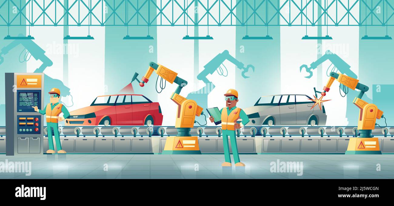 Linea di produzione robotizzata per fabbrica di automobili, cartoon vettoriale. Tecnici che controllano la saldatura e la verniciatura della carrozzeria del veicolo con le mani robotizzate sul nastro trasportatore il Illustrazione Vettoriale