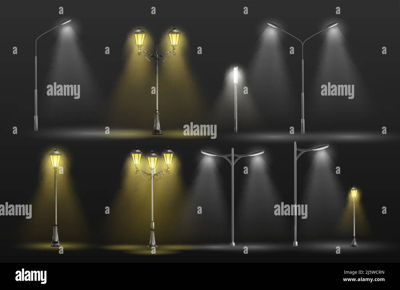 Varie luci di strada della città che illuminano nel buio giallo luce bianca calda e fredda 3D realistico vettore set con vecchio stile, lampioni retrò e moderno Illustrazione Vettoriale