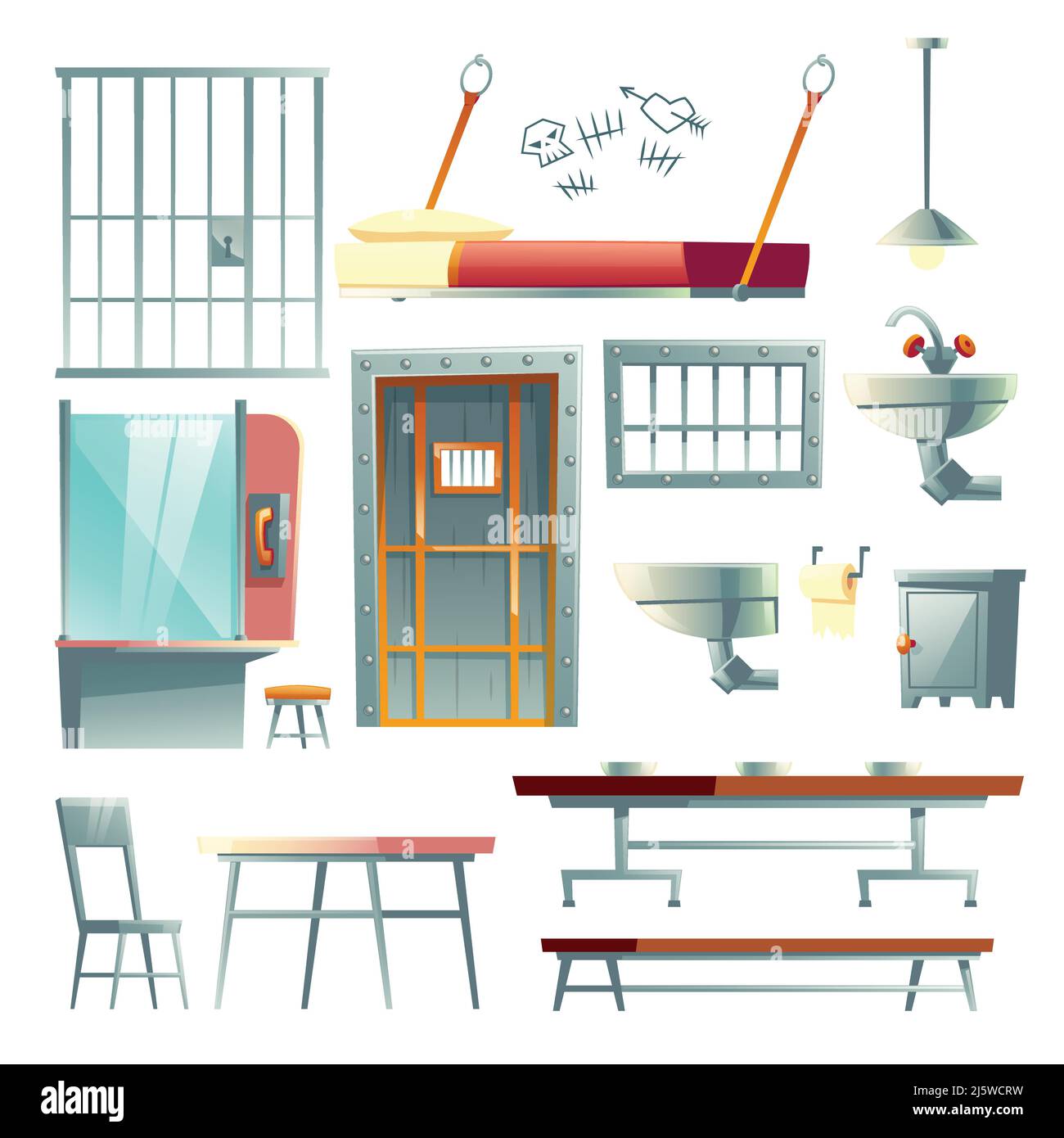 Cella di prigione, sala da pranzo e sala di visita mobili, elementi di design interno cartoon vettore set isolato su sfondo bianco. Barre in acciaio, tavolo, doo Illustrazione Vettoriale Cella di prigione, sala da pranzo e sala di visita mobili, elementi di design interno cartoon vettore set isolato su sfondo bianco. Barre in acciaio, tavolo, doo Illustrazione Vettoriale