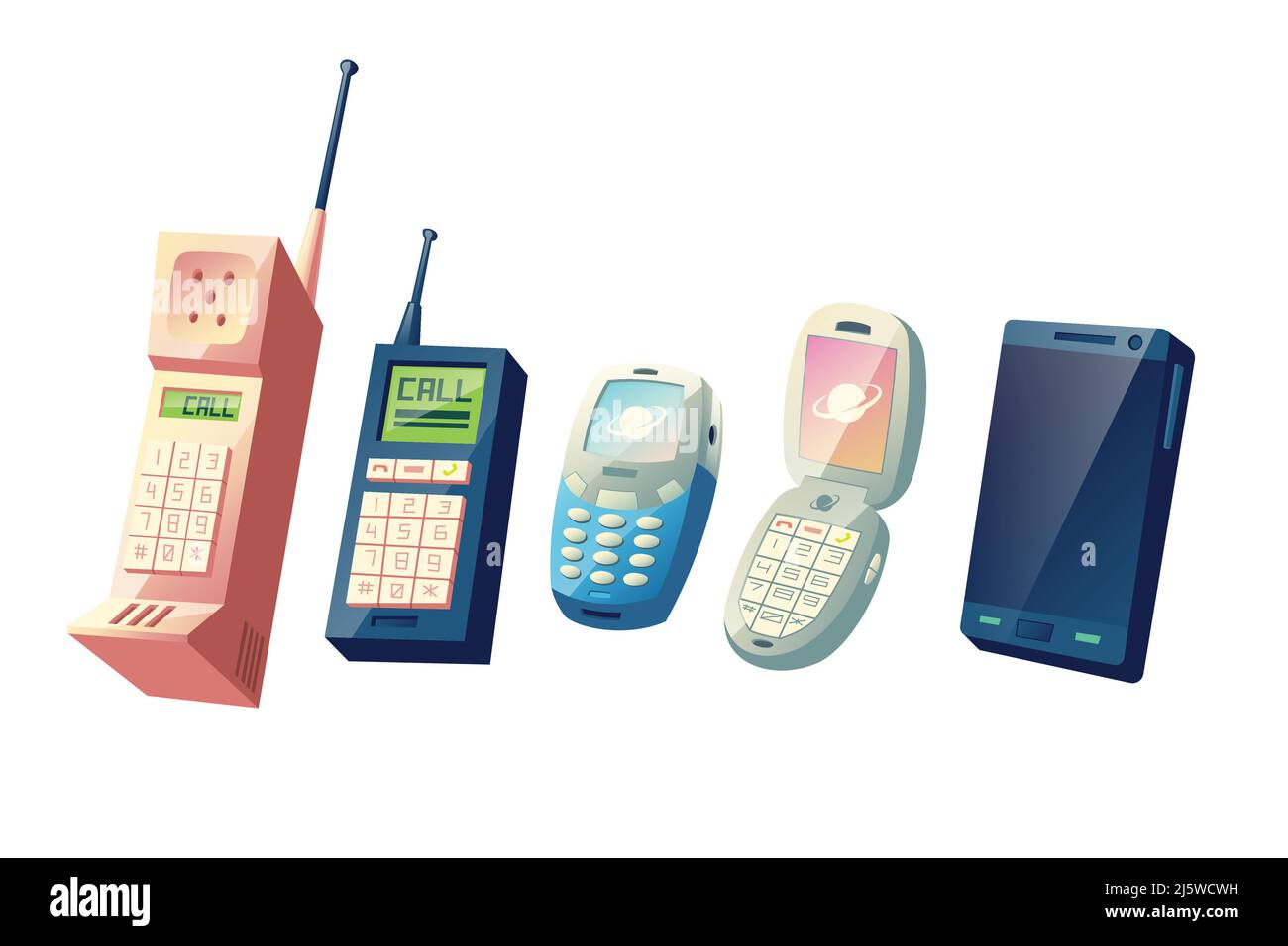 Mobile phones evoluzione cartone animato concetto vettoriale. Cellulari generazioni da modelli vintage con tastierini numerici fisici e antenne retrattili a m Illustrazione Vettoriale