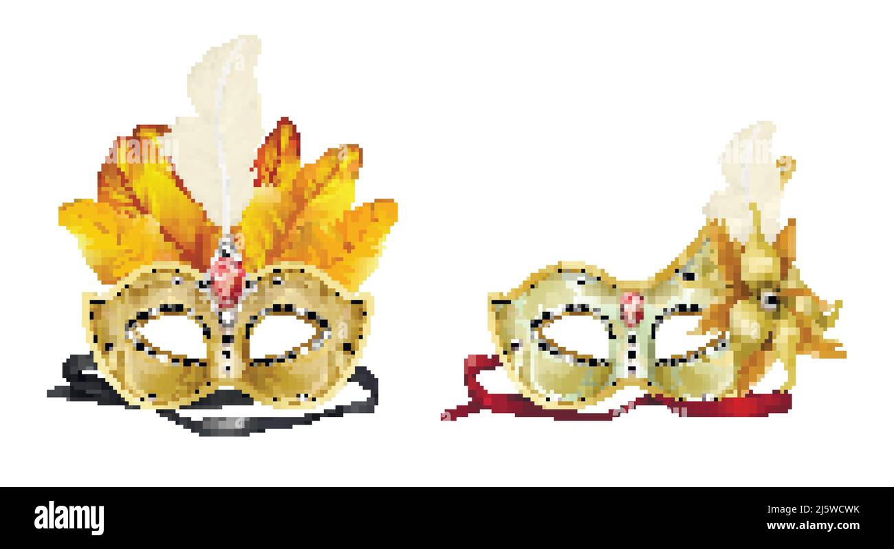 Maschera colombina a mezza faccia decorata con pietre preziose, rosso rubino e piume colorate icona vettoriale realistica 3D isolato su sfondo bianco. Veneziano Illustrazione Vettoriale