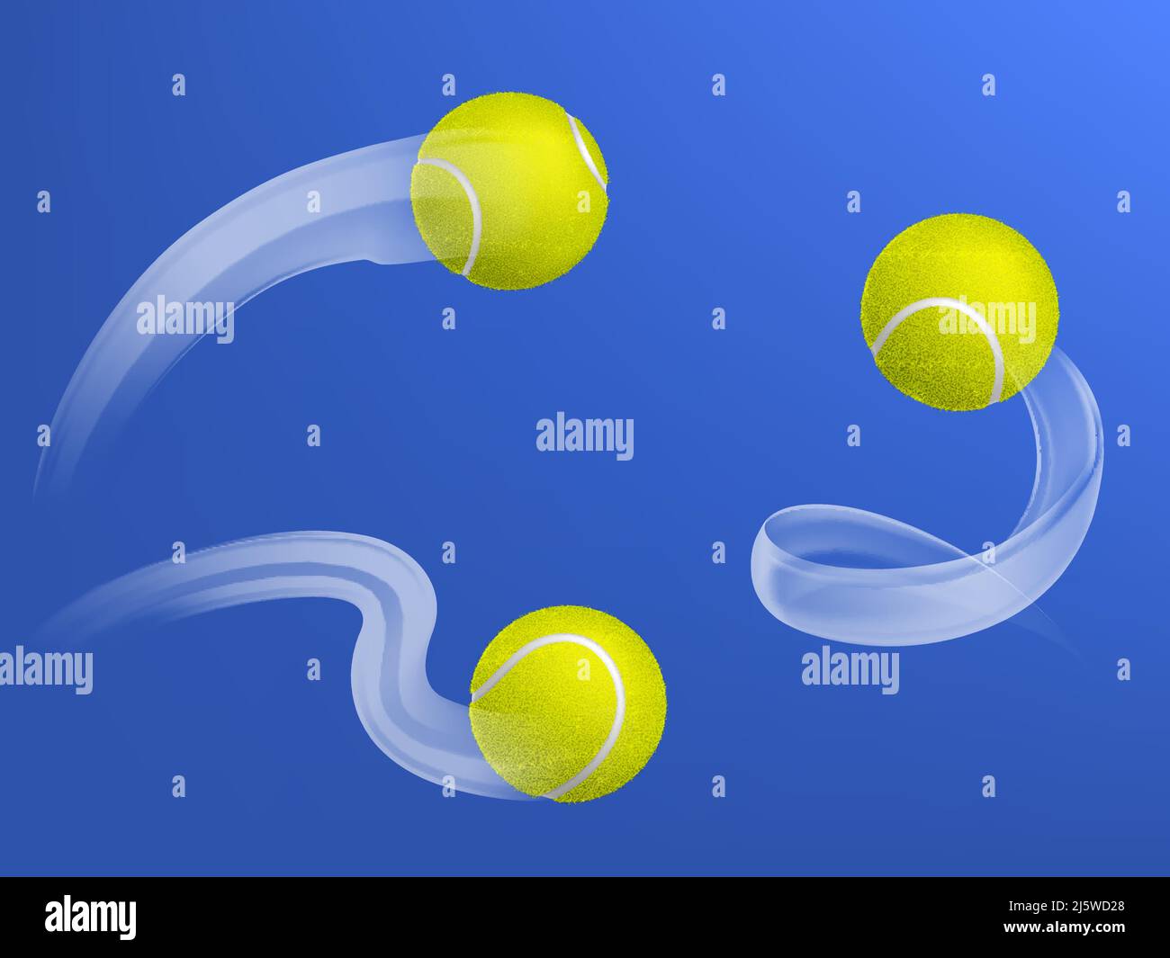 Palle da tennis che volano traiettorie diverse dopo racket ha colpito 3D illustrazioni vettoriali realistiche set isolato su sfondo blu. Concorso di tennis o t Illustrazione Vettoriale
