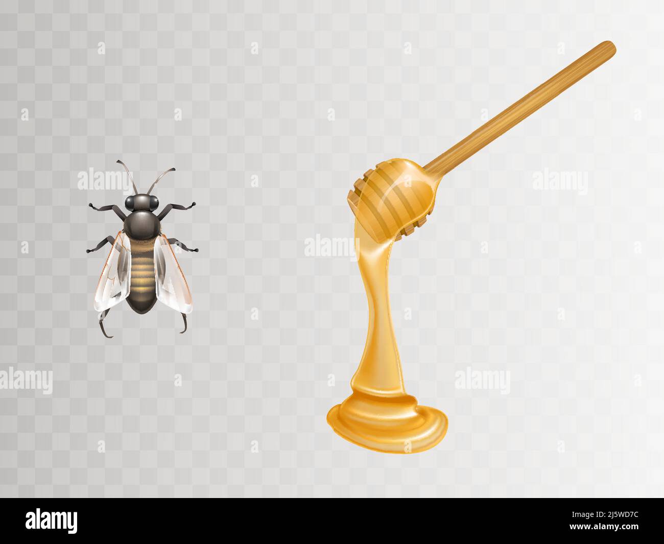 Miele fresco che scorre e gocciola da legno dipper e ape 3D realistiche illustrazioni vettoriali set isolato su sfondo trasparente. L'apicoltura indus Illustrazione Vettoriale