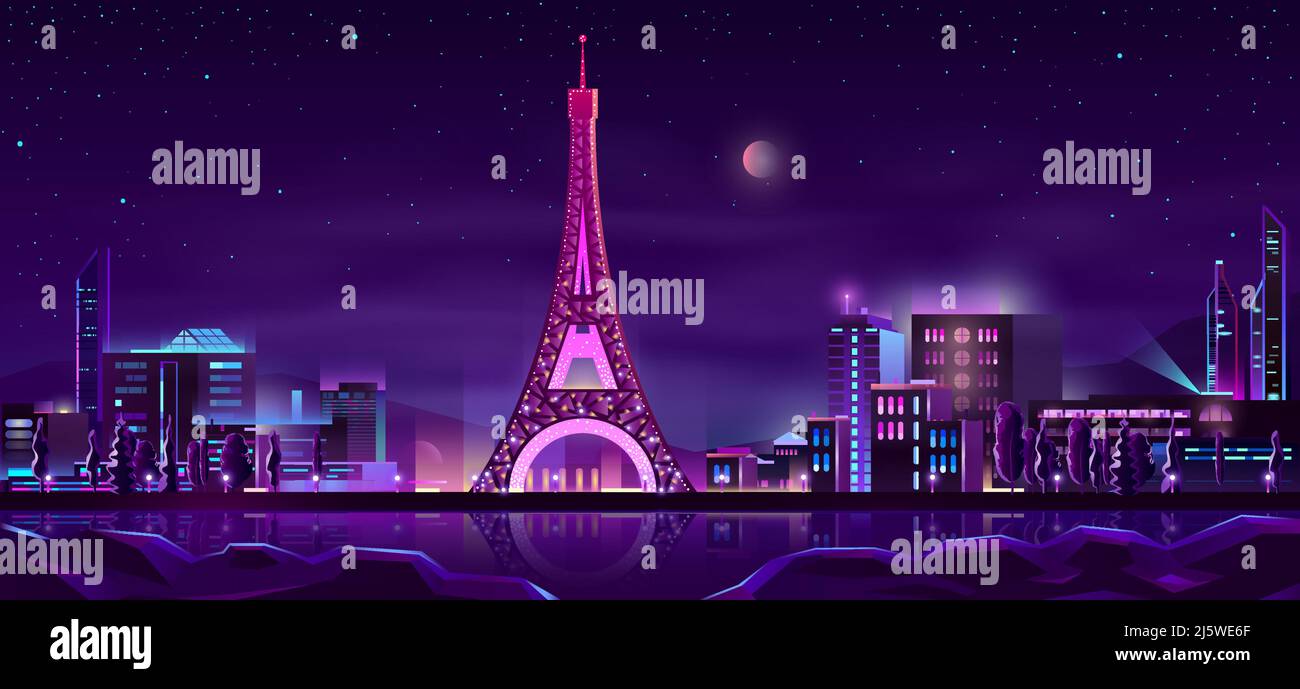 Vettore di cartoni animati del paesaggio notturno del molo di Parigi in colori al neon con la Torre Eiffel illuminata che si riflette nell'illustrazione dell'acqua fluviale. Europa famoso turistico Illustrazione Vettoriale