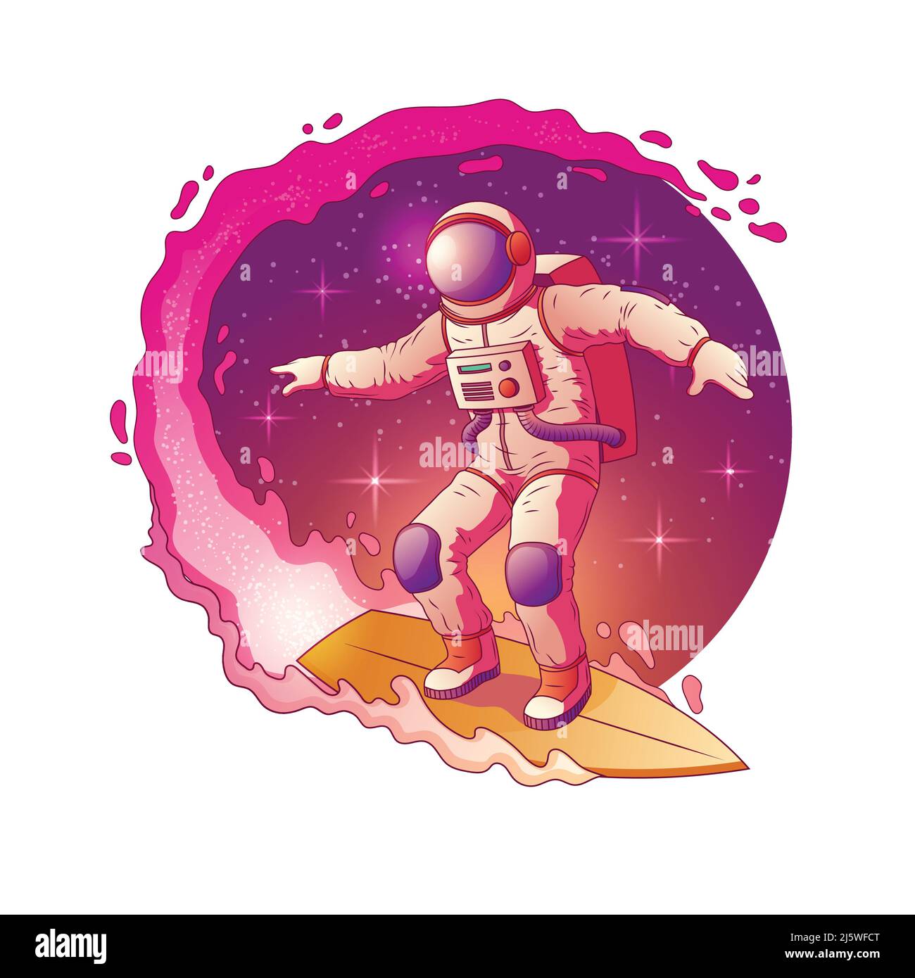 Astronauta in spacesuit in piedi su tavola da surf e surf in Latty Way stelle, divertirsi nello spazio esterno cartone animato vettore icona isolato su sfondo bianco Illustrazione Vettoriale