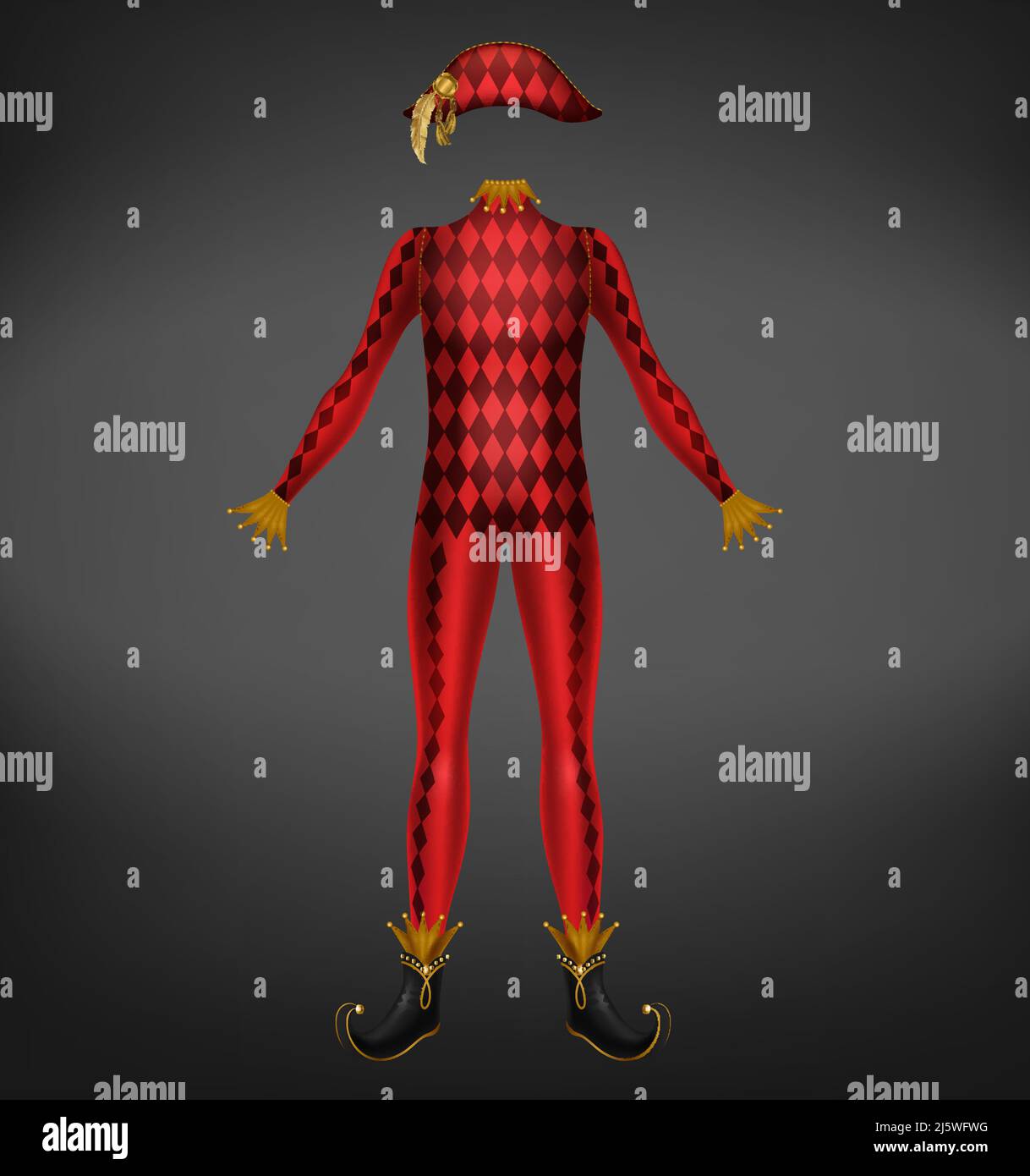 Costume di Harlequin isolato su sfondo nero. Abito rosso carnevale veneziano con motivo rombo per il carattere comico del teatro italiano o tradizionale Illustrazione Vettoriale