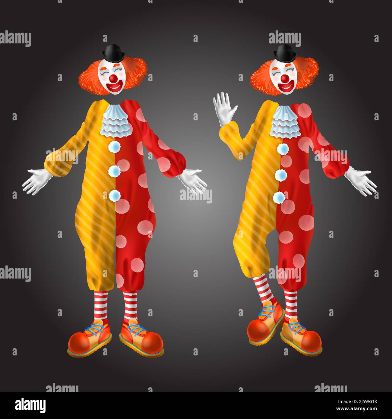 Divertente set di caratteri clown isolato su sfondo nero. Giester comico che indossa periwig zenzero, cappello bowler, naso rosso, stativo colorato del costume in different Illustrazione Vettoriale