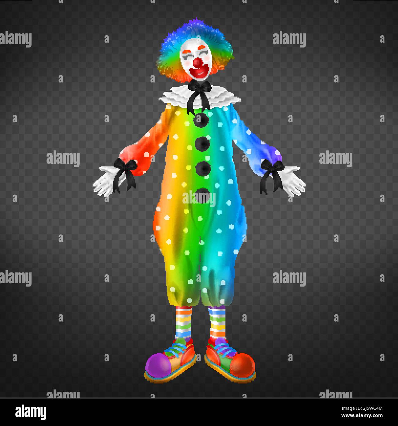 Clown in circo, uomo partito isolato su sfondo trasparente. Divertente comico, carattere jester indossando periwig arcobaleno, maschera bianca, naso rosso e colo Illustrazione Vettoriale