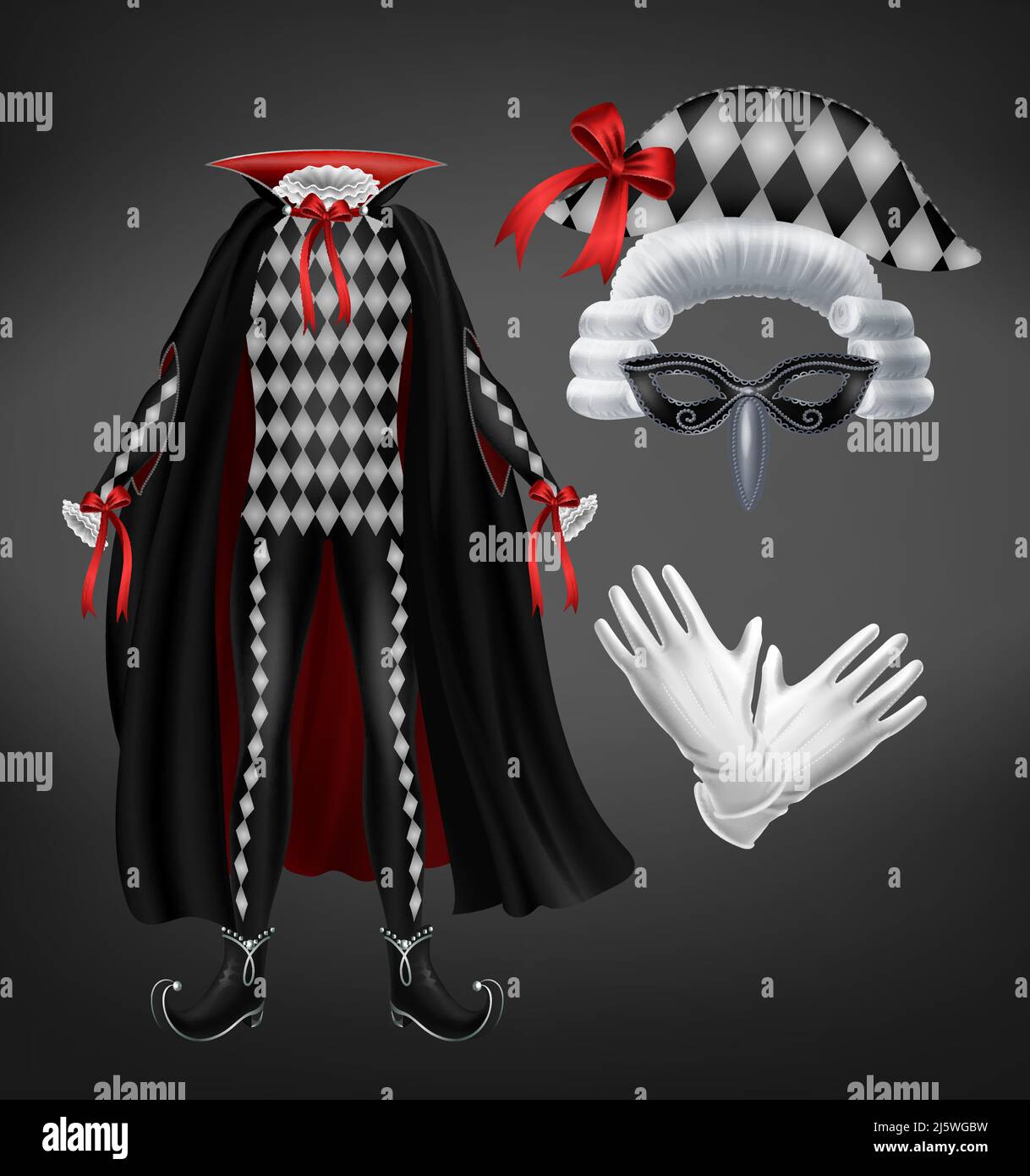 Costume di Harlequin con mantello, parrucca stellata, maschera e guanti bianchi isolati su sfondo nero. Tuta da Carnevale con motivo rombo per masquer veneziano Illustrazione Vettoriale