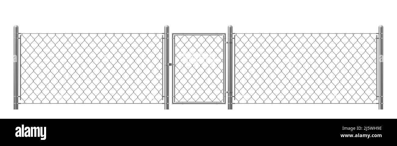 Catena-maglia, frammento di recinzione rabitz con pilastri metallici, vettore realistico wicket isolato su sfondo bianco. Territorio privato e proibito, protetto Illustrazione Vettoriale