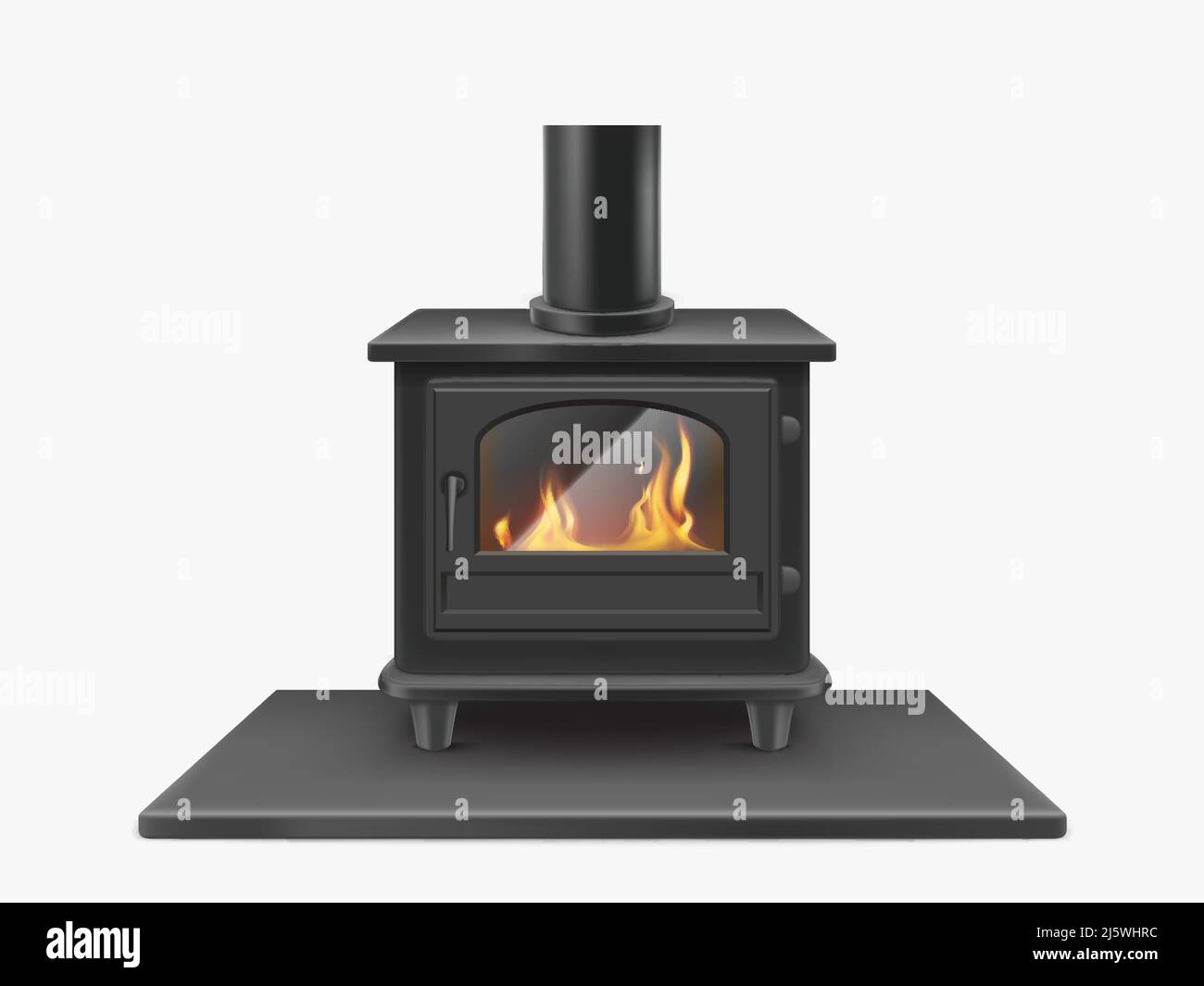 Stufa a legna, camino in ferro con fuoco all'interno isolato su sfondo bianco, interno impianto di riscaldamento tradizionale in stile moderno. Attrezzature per la casa Illustrazione Vettoriale