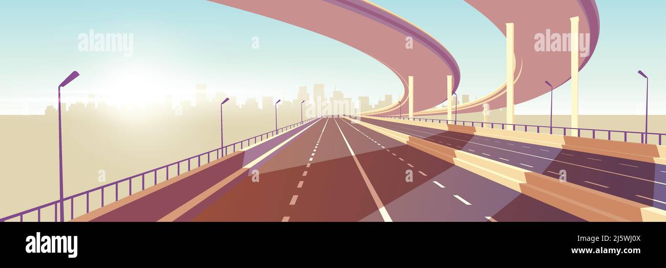 Autostrada vuota a due corsie, moderna superstrada con barriera mediana, cavalcavia o ponte in alto andando alla metropoli su vettore cartoon orizzonte. Città tran Illustrazione Vettoriale