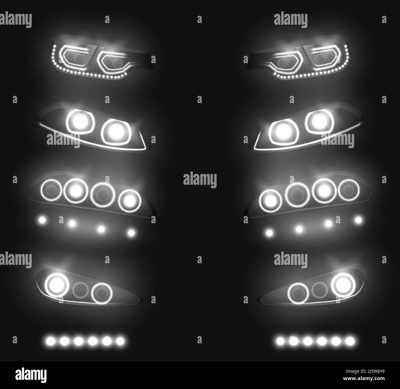 Auto moderna anteriore, fari posteriori realistico vettore set. Bianco acceso e acceso al buio, LED del veicolo, fari allo xeno o al laser illustratio Illustrazione Vettoriale