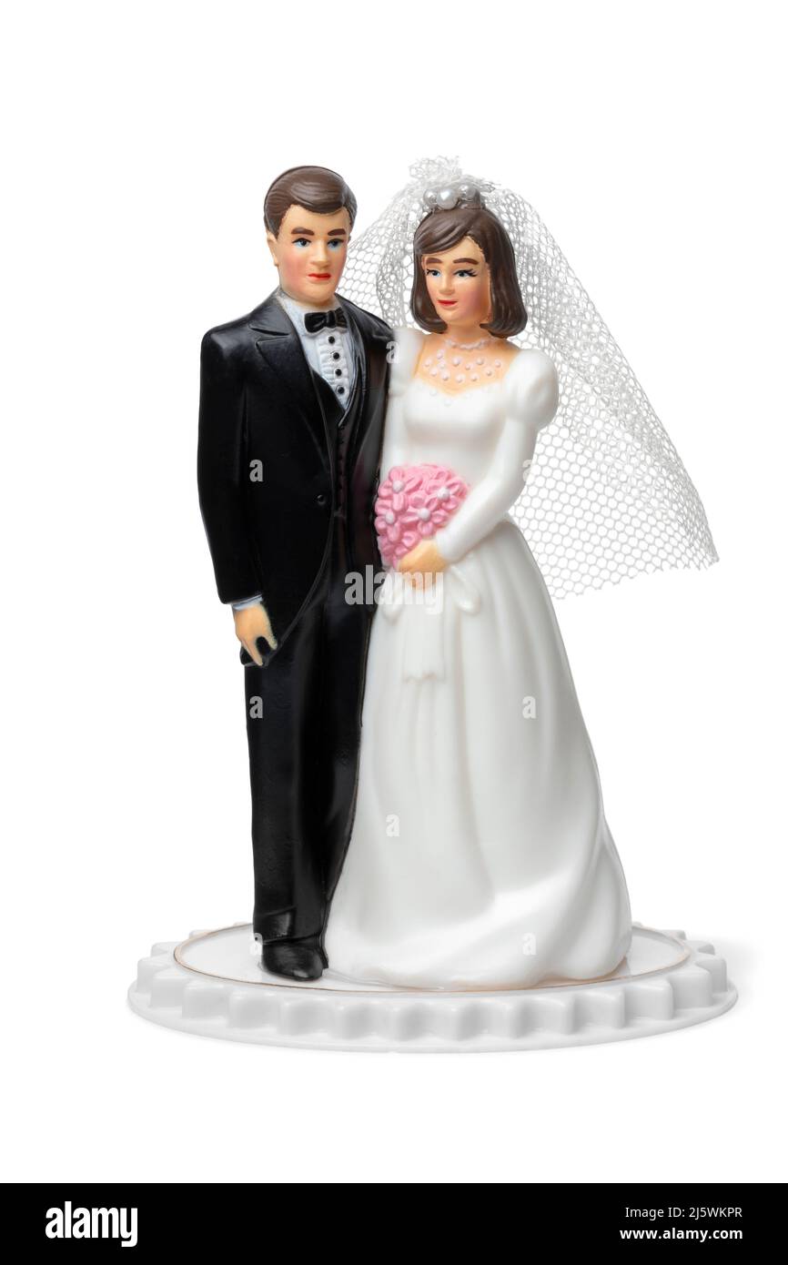 Sposa e lo sposo, classic cake topper isolati su sfondo bianco Foto Stock