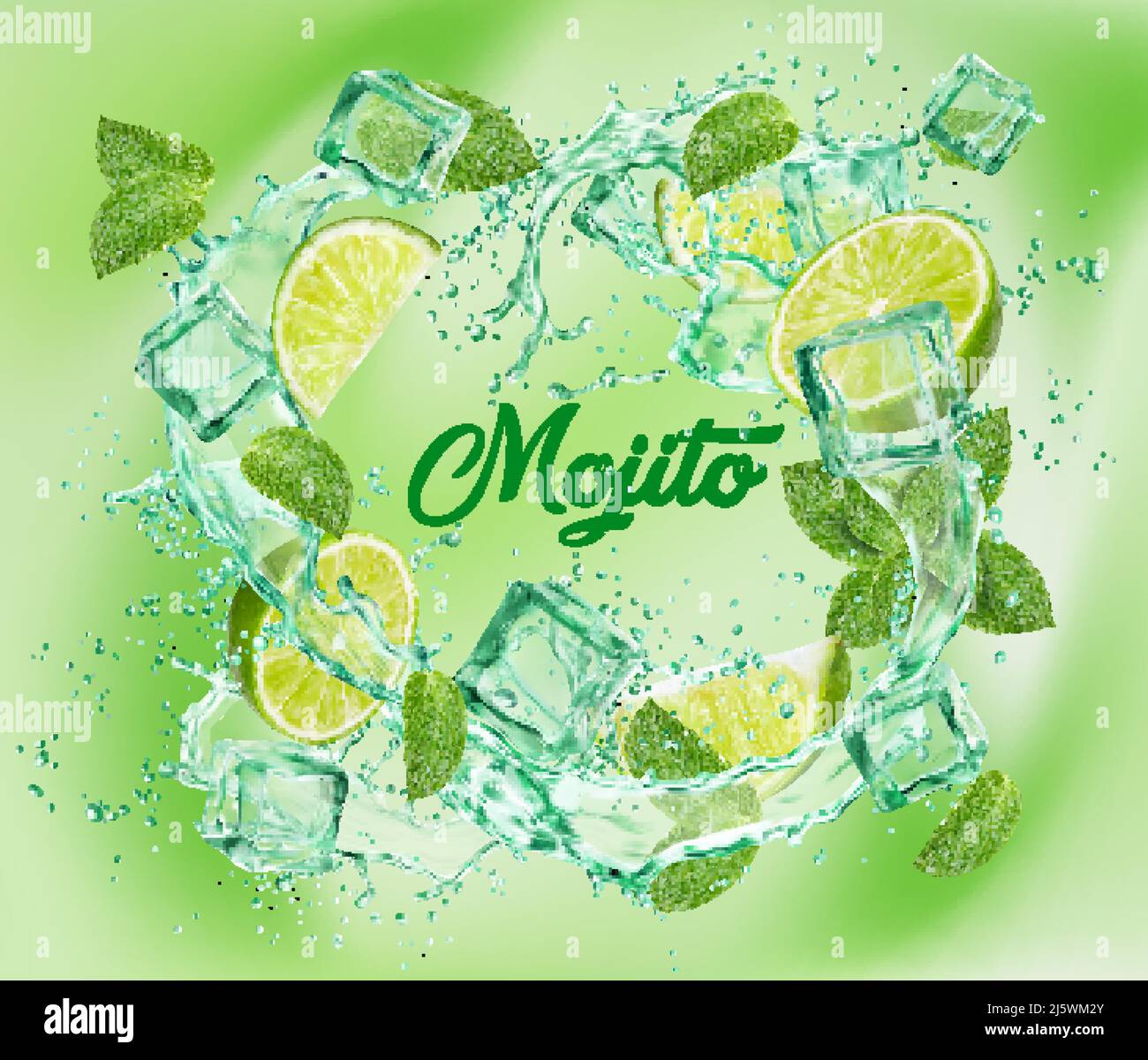 Mojito cocktail, limonata drink. Wwater wave spruzzi con lime, foglie di menta e cubetti di ghiaccio. Vortice vettoriale realistico di mojito con fette di frutta al limone, gocce di succo e bolle, 3D bevande Illustrazione Vettoriale