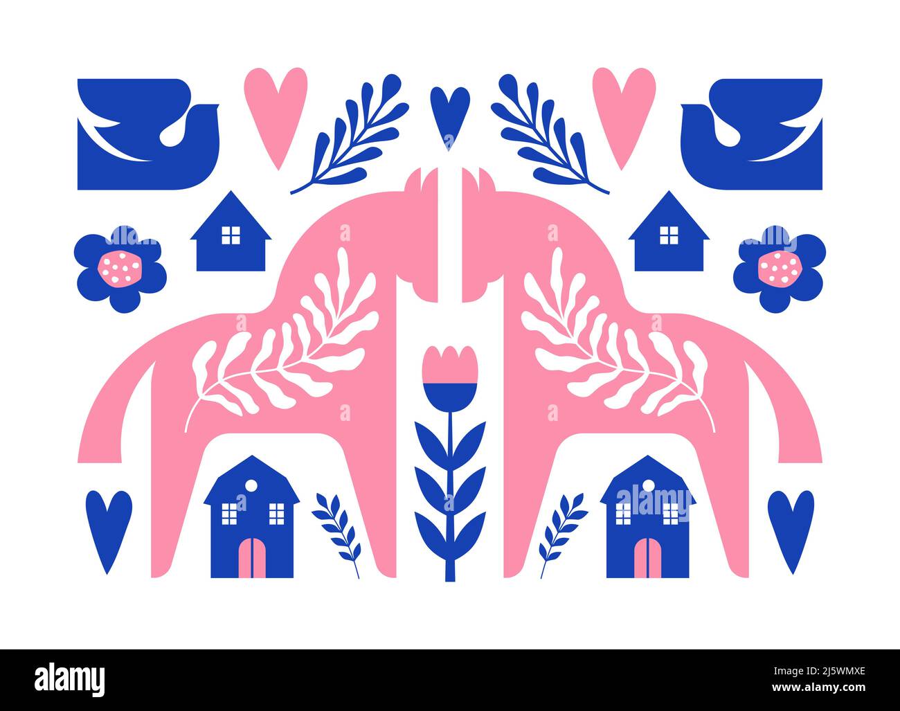 Nordic Dala Horsesand uccelli modello senza cuciture Illustrazione Vettoriale