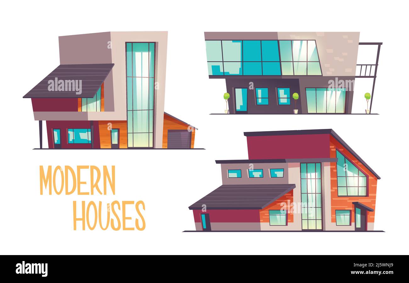 Case moderne vettore cartoon set isolato su sfondo bianco. Architettura contemporanea casolare casa, villa, due piani edifici con appartamento, Illustrazione Vettoriale