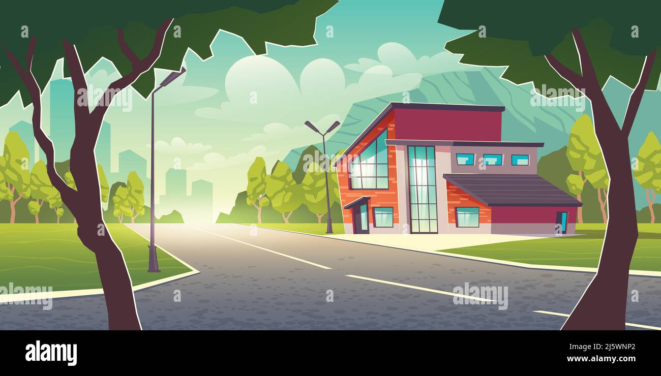 Confortevole abitazione in luogo pulito fuori dal concetto vettoriale cartoon città. Moderno edificio casolare con tetto piano e spiovente, facciata di vetro e Illustrazione Vettoriale