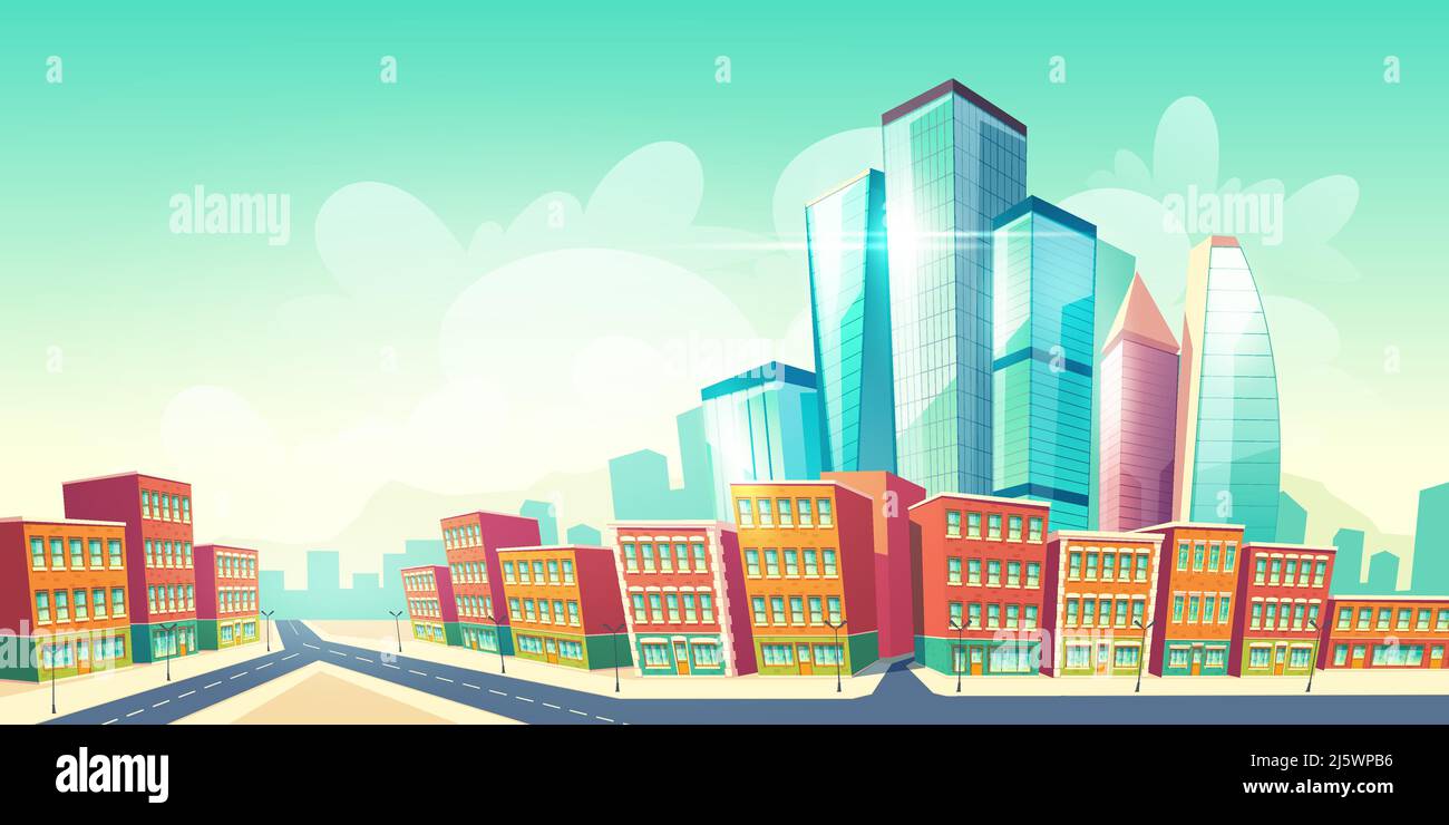 Crescente metropoli futura su sfondo vettoriale con strada vicino alle case del vecchio quartiere della città, edifici di architettura retrò e nuovo, grattacielo moderno g Illustrazione Vettoriale
