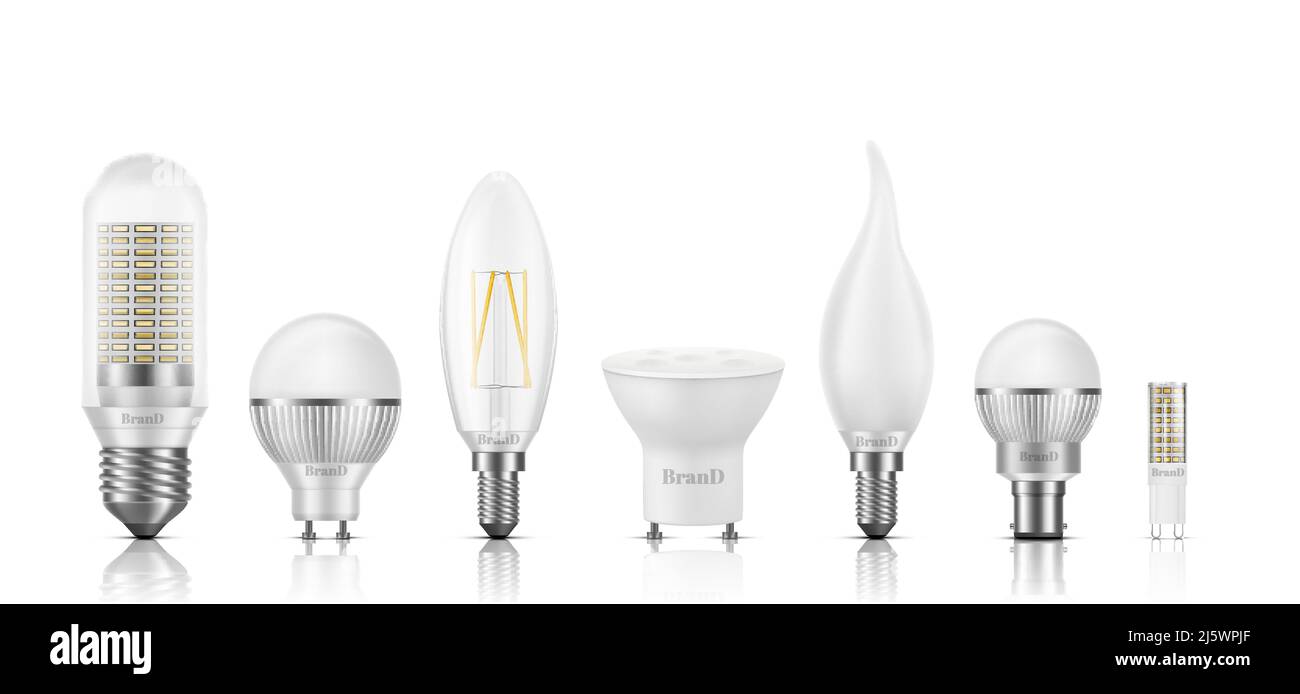 Diverse forme, dimensioni, tipi di base e filamento lampadine LED 3D set  vettoriale realistico isolato su bianco. Lampade potenti, ad alta  efficienza e lunga durata con Immagine e Vettoriale - Alamy