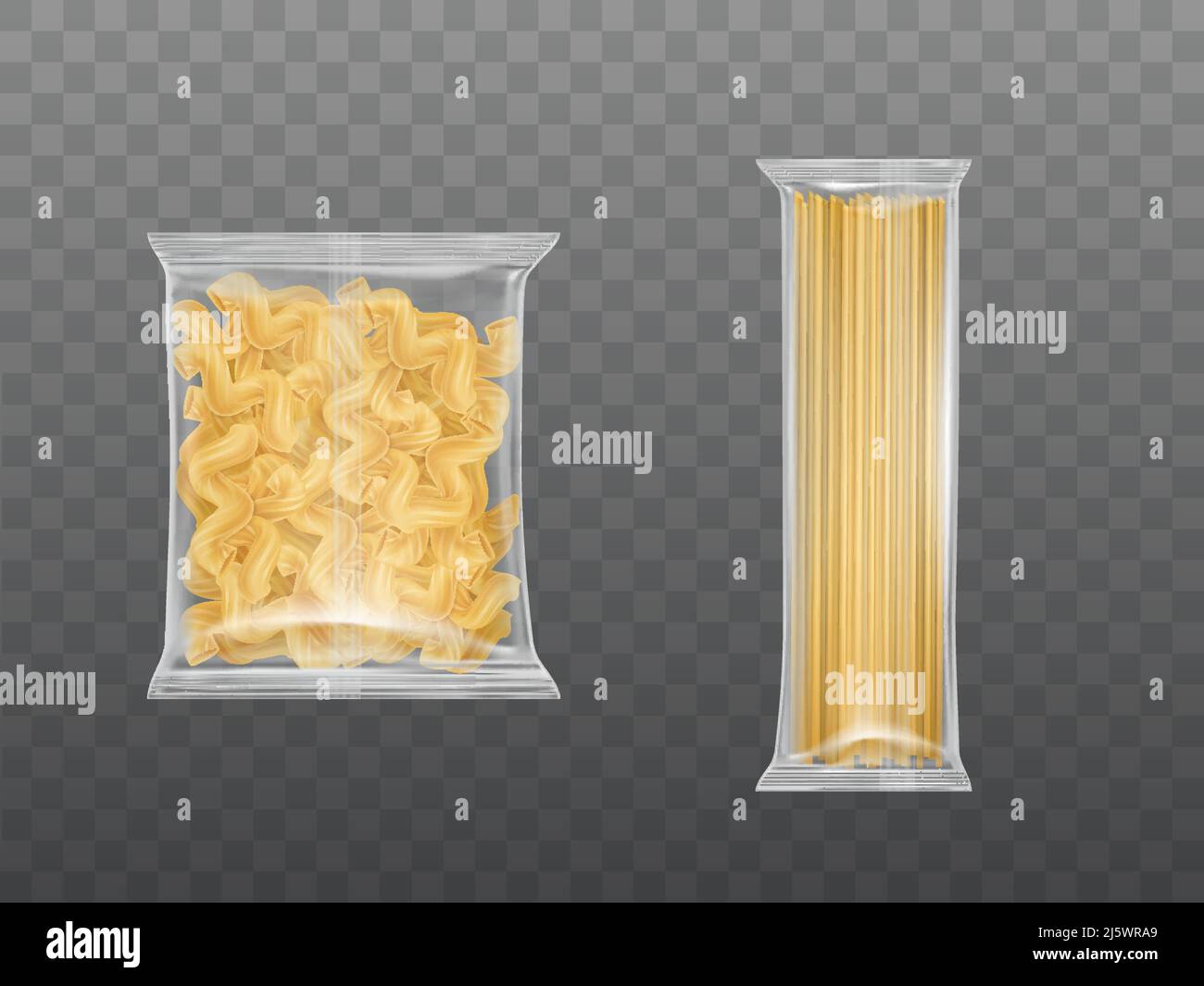 Pasta in confezione limpida, fusilli macaroni spirali e spaghetti secchi isolati su fondo trasparente, elementi di design per l'advertis alimentare Illustrazione Vettoriale