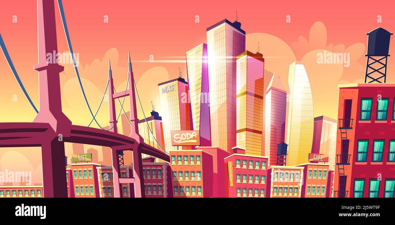Crescita futura metropoli città sfondo con ponte presso le case del vecchio quartiere, edifici di architettura retrò e nuove, moderne torri di vetro grattacielo ris Illustrazione Vettoriale