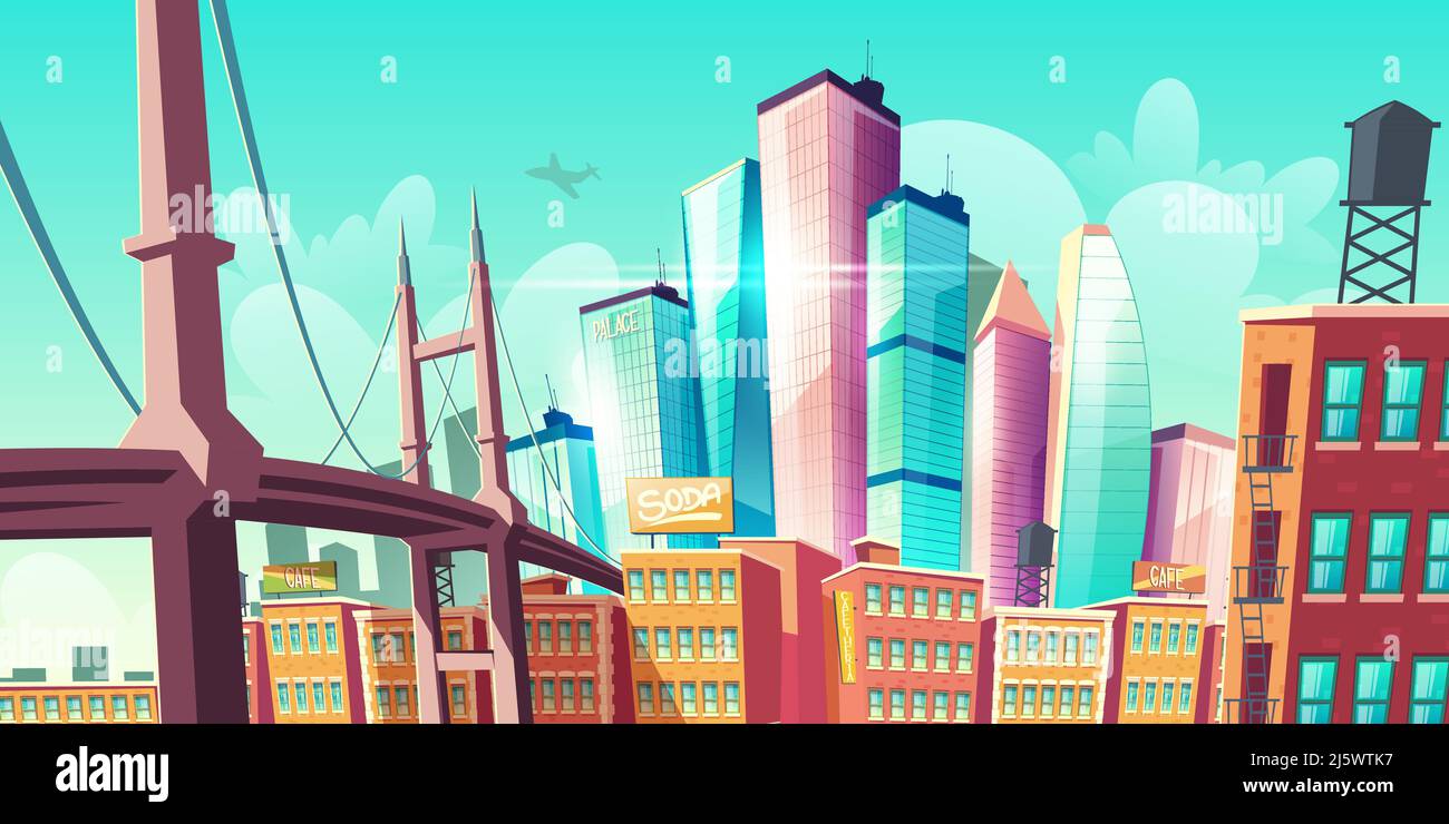 Moderna metropoli della città crescita, vista sulla strada con ponte, edifici antichi e moderna futuristica architettura torri di vetro grattacieli che si innalzano al cielo, airpl Illustrazione Vettoriale
