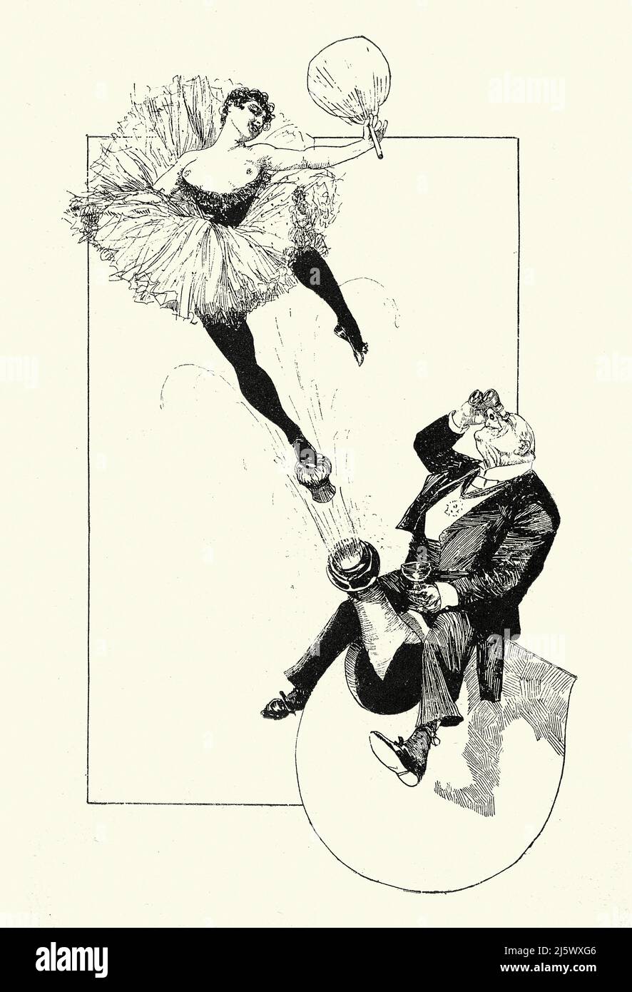 Illustrazione d'epoca, Showgirl che esplode da bottiglia di champagne, caricatura vittoriana, 1890s.19th secolo Foto Stock