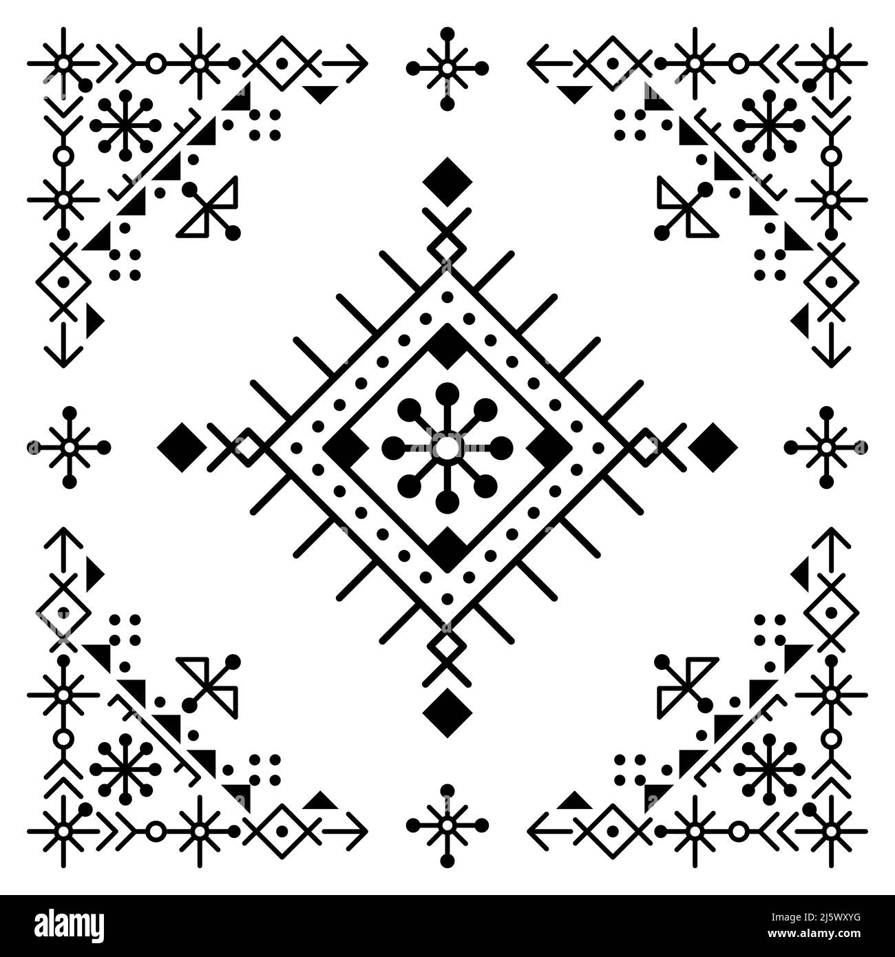 Modello quadrato vettoriale a linea tribale nordica, design geometrico in cornice ispirato all'arte della runa islandese Illustrazione Vettoriale