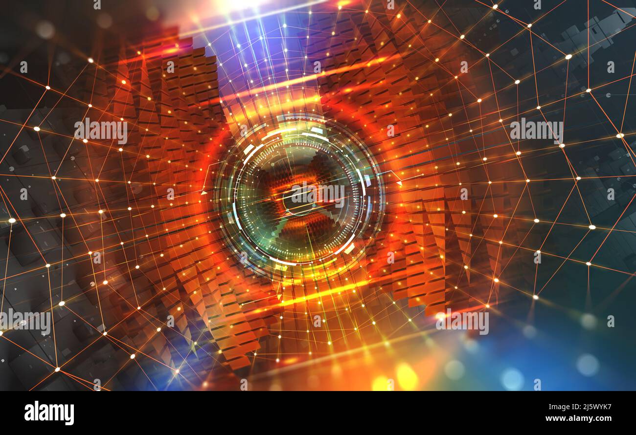 Concetto di Big Data. Flusso di dati digitali nella rete globale. Computer quantistico. Portale velocità. Hadron Collider, illustrazione astratta del 3D Foto Stock