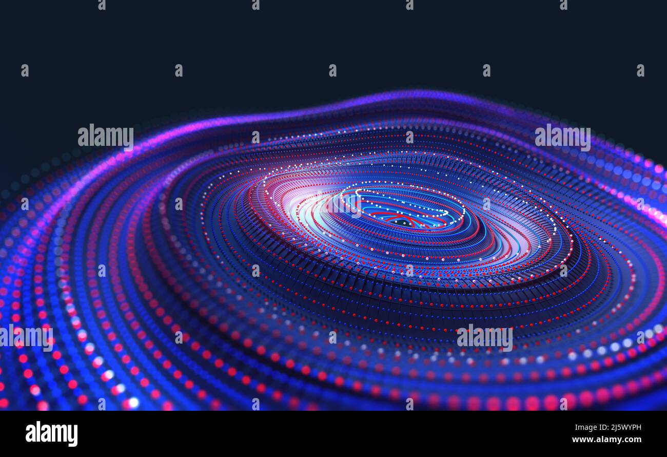 Particella d'onda digitale. Diffusione delle onde sonore. Rumore acustico, vibrazioni digitali. Flusso di dati imbuto nello spazio di innovazione cibernetica. 3D illustrazione Foto Stock