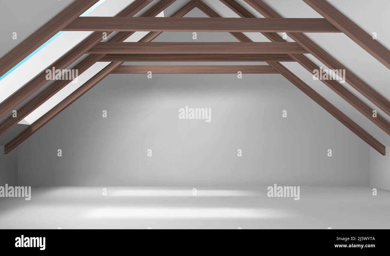 Casa sottotetto interno, mansarda vuoto camera, spazioso posto sul tetto con travi a soffitto, pavimento bianco, pareti e ampia finestra, moderna architettura interna des Illustrazione Vettoriale