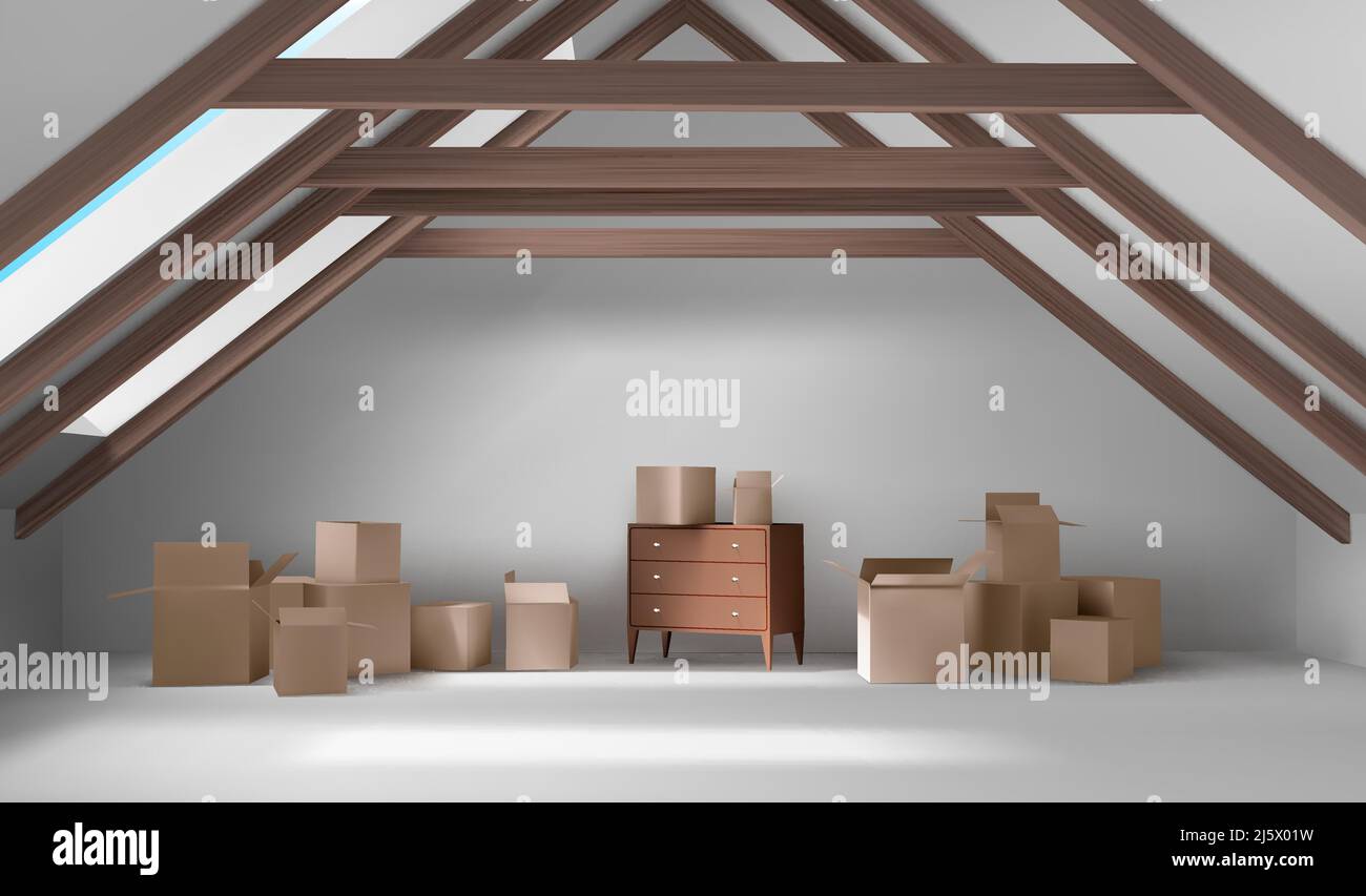 Casa sottotetto interno, mansarda camera con scatole di cartone e cassettiera in legno, spazio vuoto sul tetto con travi a soffitto, pavimento bianco, wal Illustrazione Vettoriale