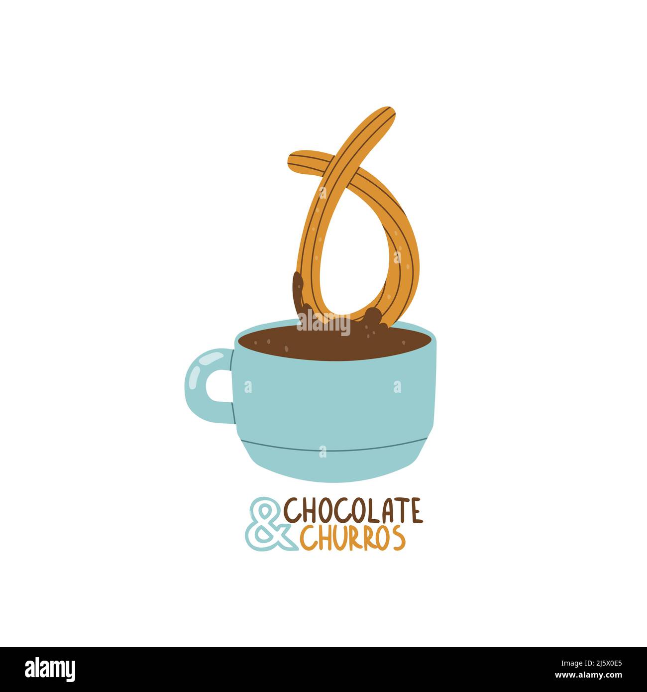 Logo per la churreria. Churros e cioccolato. Dolci tradizionali spagnoli per colazione. Illustrazione vettoriale per disegno e testo scritto a mano. Illustrazione Vettoriale